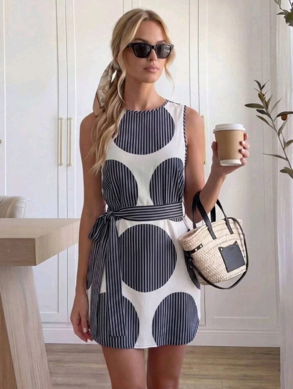 Women's White Polka Dot Round Neck Sleeveless Casual Elegant Mini Dress